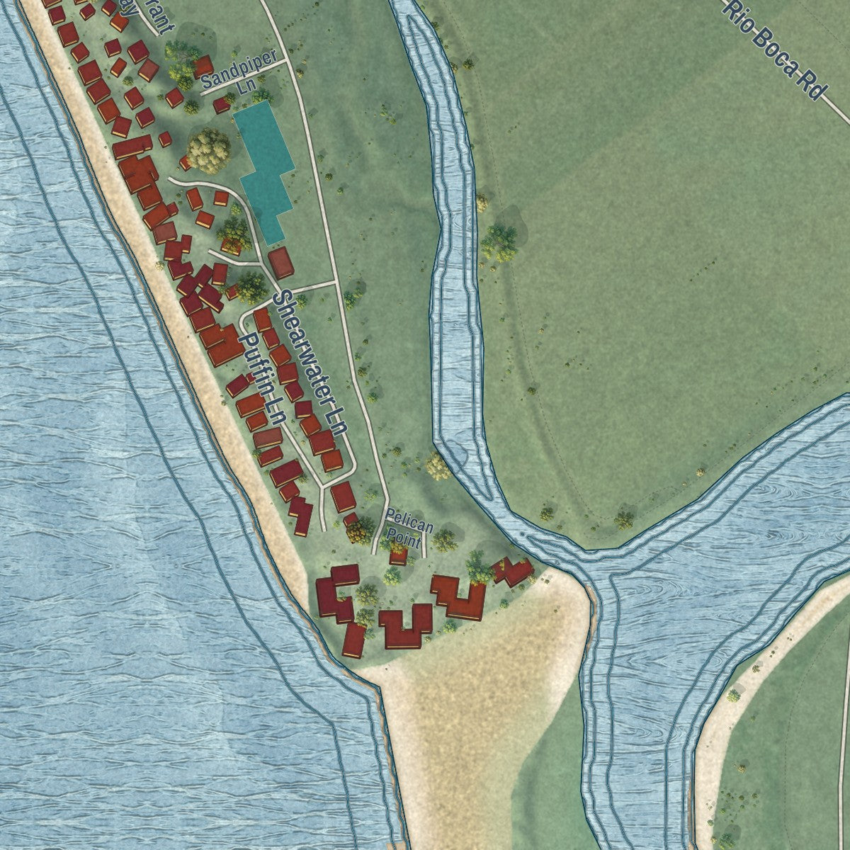 Close-up of the map of Pajaro Dunes, California print showing street and building detail