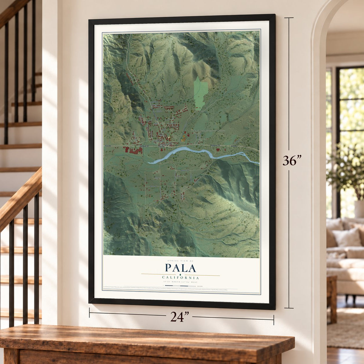 Pala, California map, 24 x 36 inch print in a black frame by a staircase
