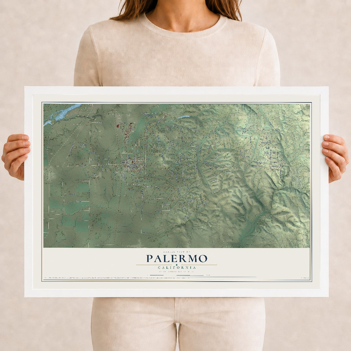 Map of Palermo, California, 12 x 18 inch print in a white wood frame