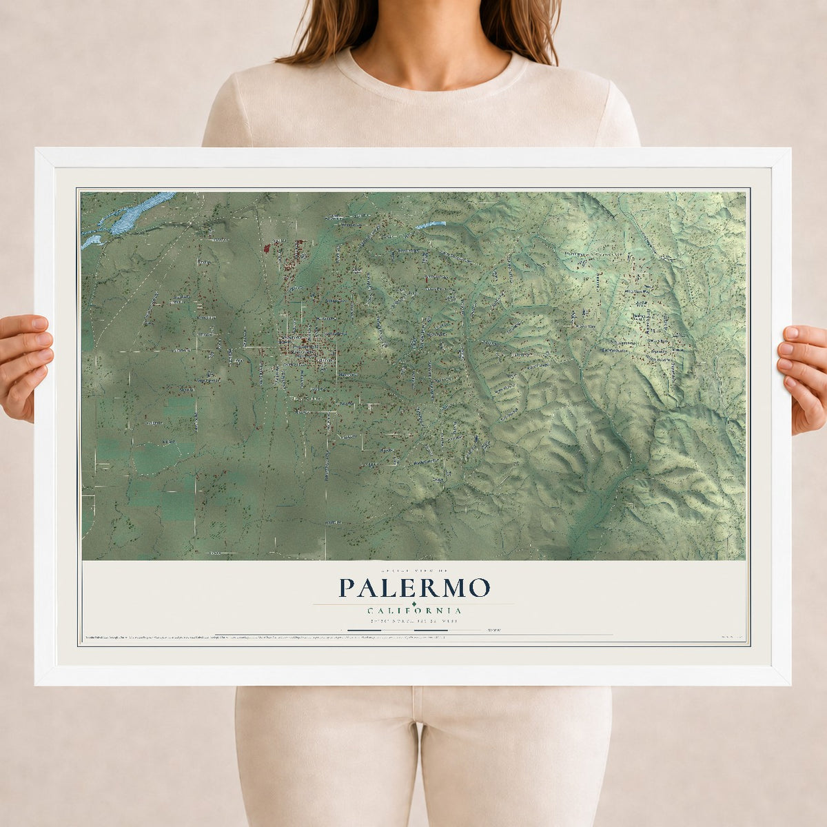 Map of Palermo, California, 18 x 24 inch print in a white wood frame