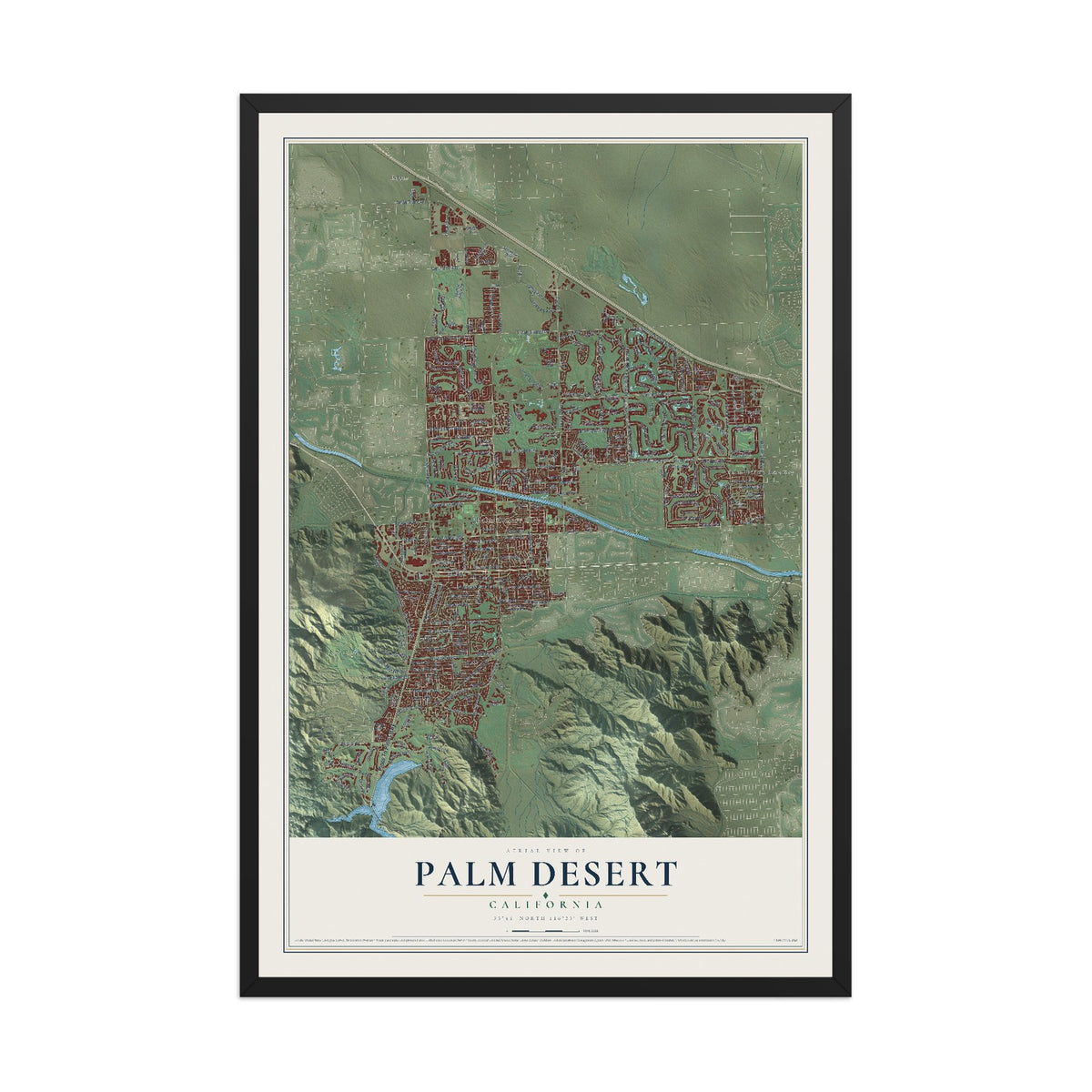Map of Palm Desert, California, 12 x 18 inch print in a black wood frame