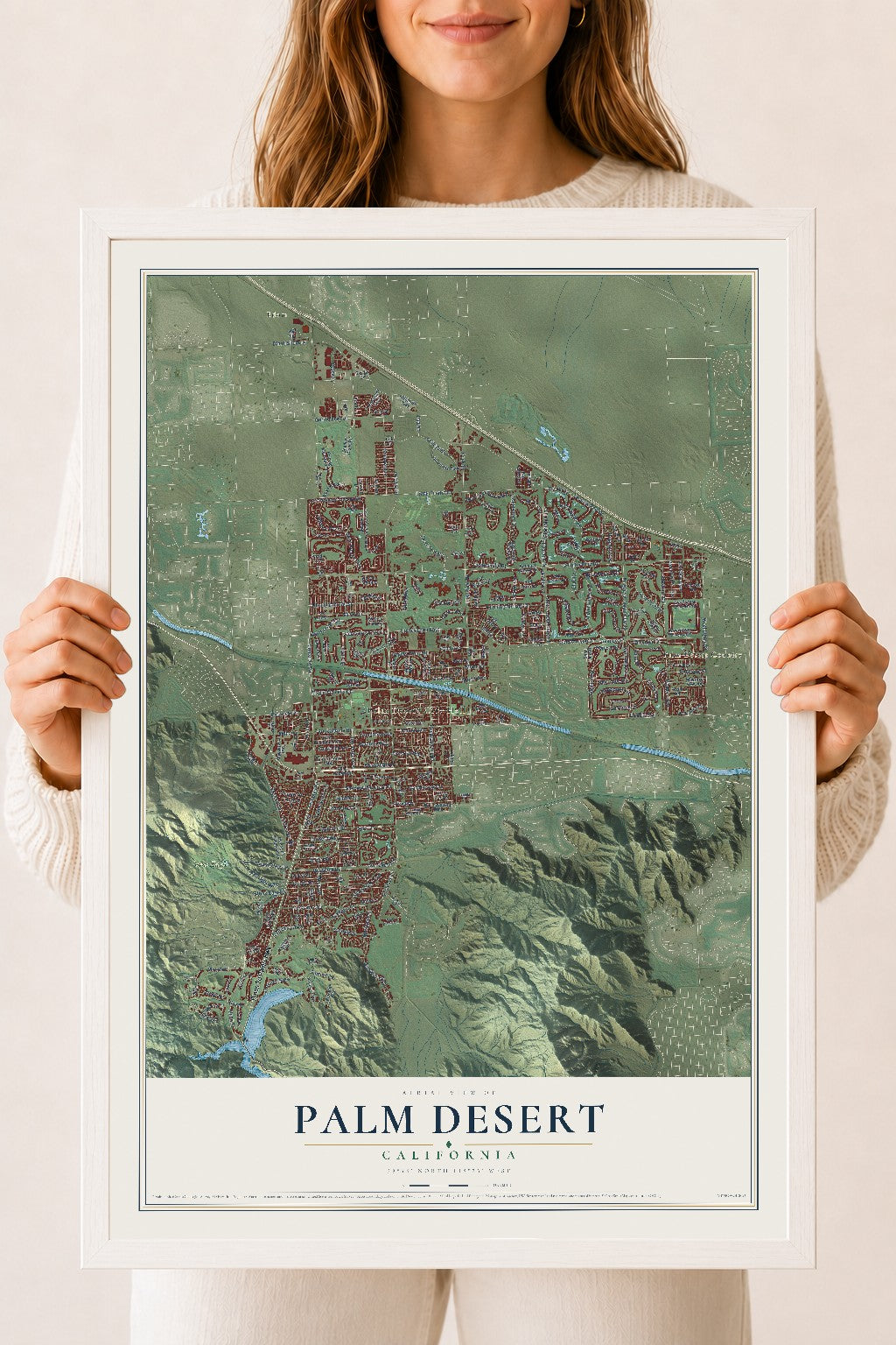Map of Palm Desert, California, 18 x 24 inch print in a white wood frame