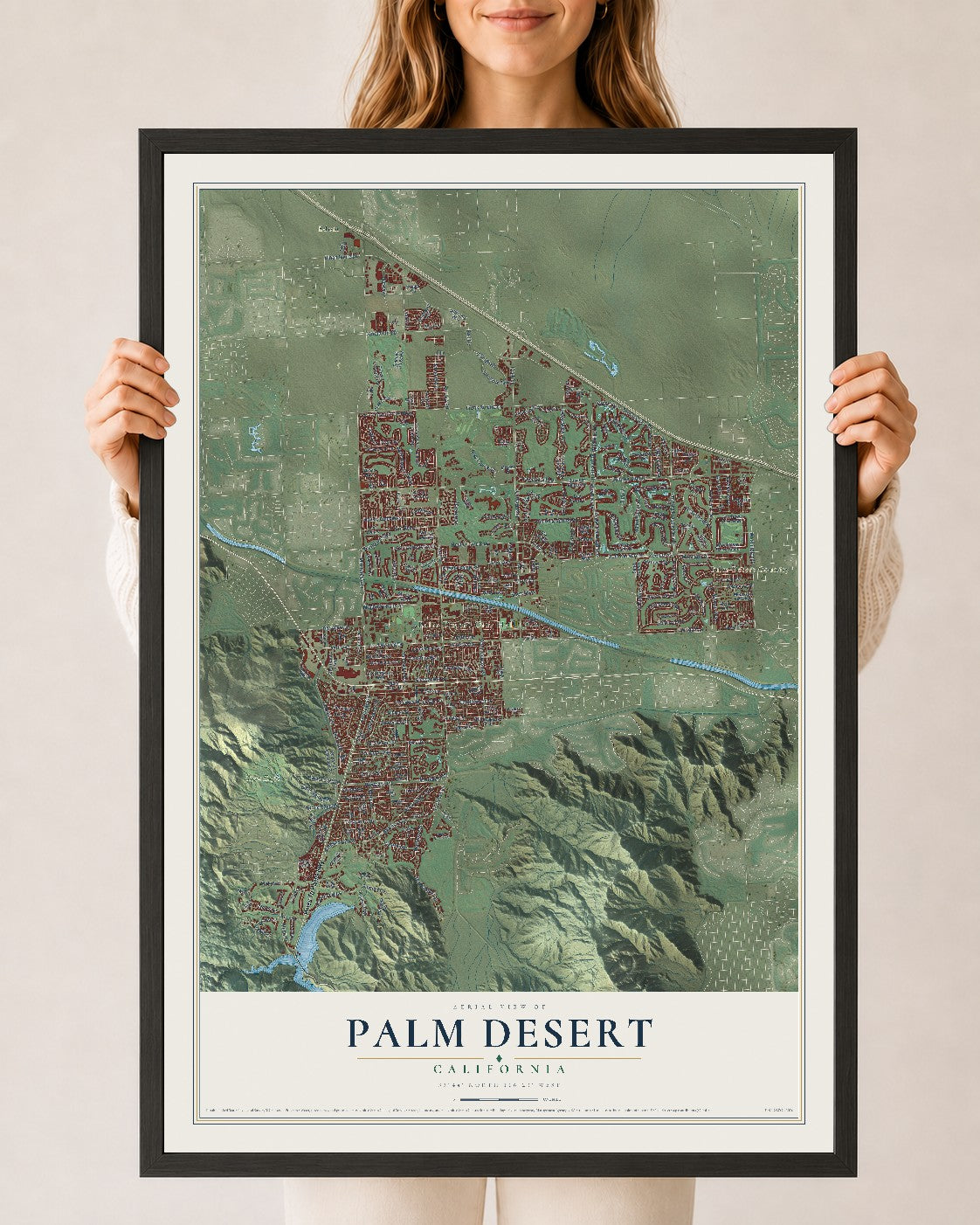 Map of Palm Desert, California, 24 x 36 inch print in a black wood frame