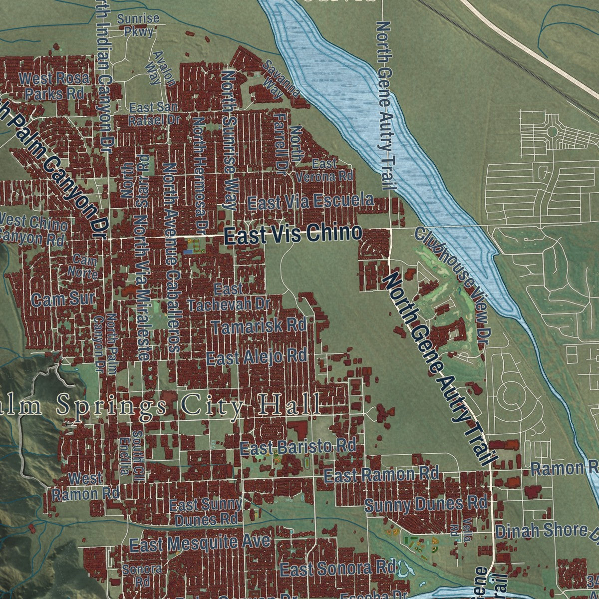 Close-up of the map of Palm Springs, California print showing street and building detail