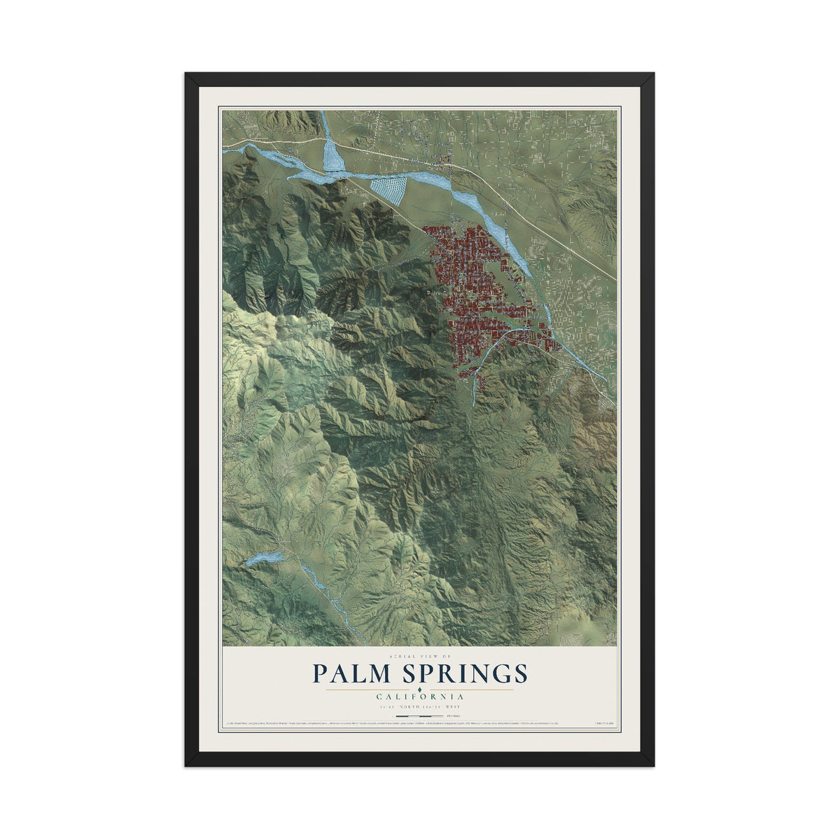Map of Palm Springs, California, 12 x 18 inch print in a black wood frame