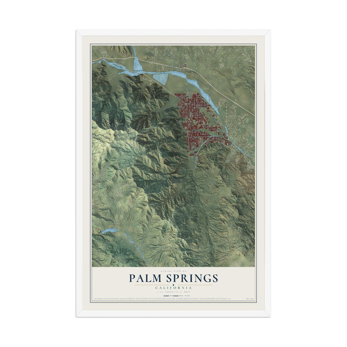 Map of Palm Springs, California, 12 x 18 inch print in a white wood frame