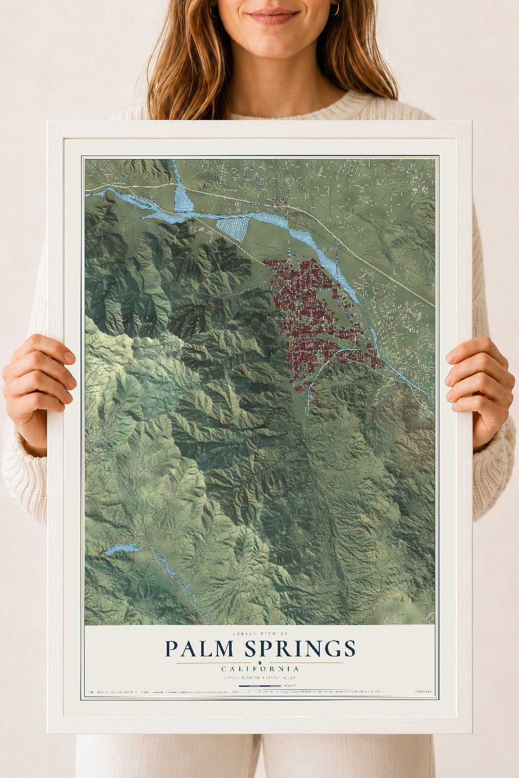 Map of Palm Springs, California, 18 x 24 inch print in a white wood frame
