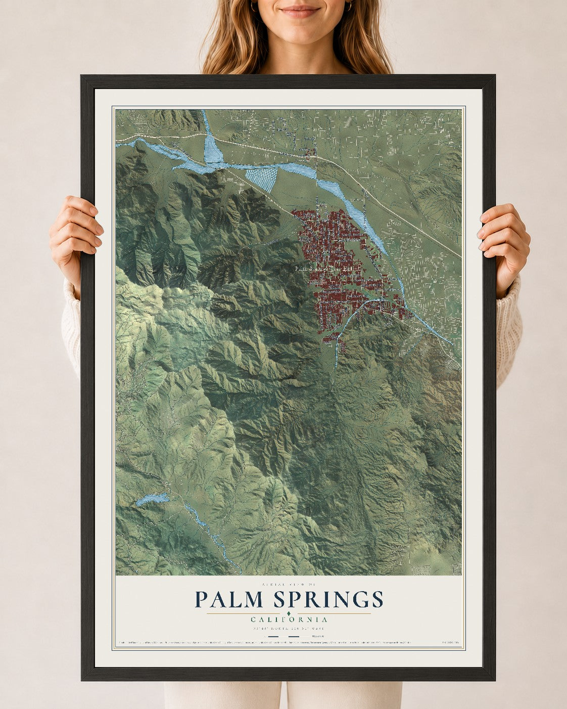 Map of Palm Springs, California, 24 x 36 inch print in a black wood frame