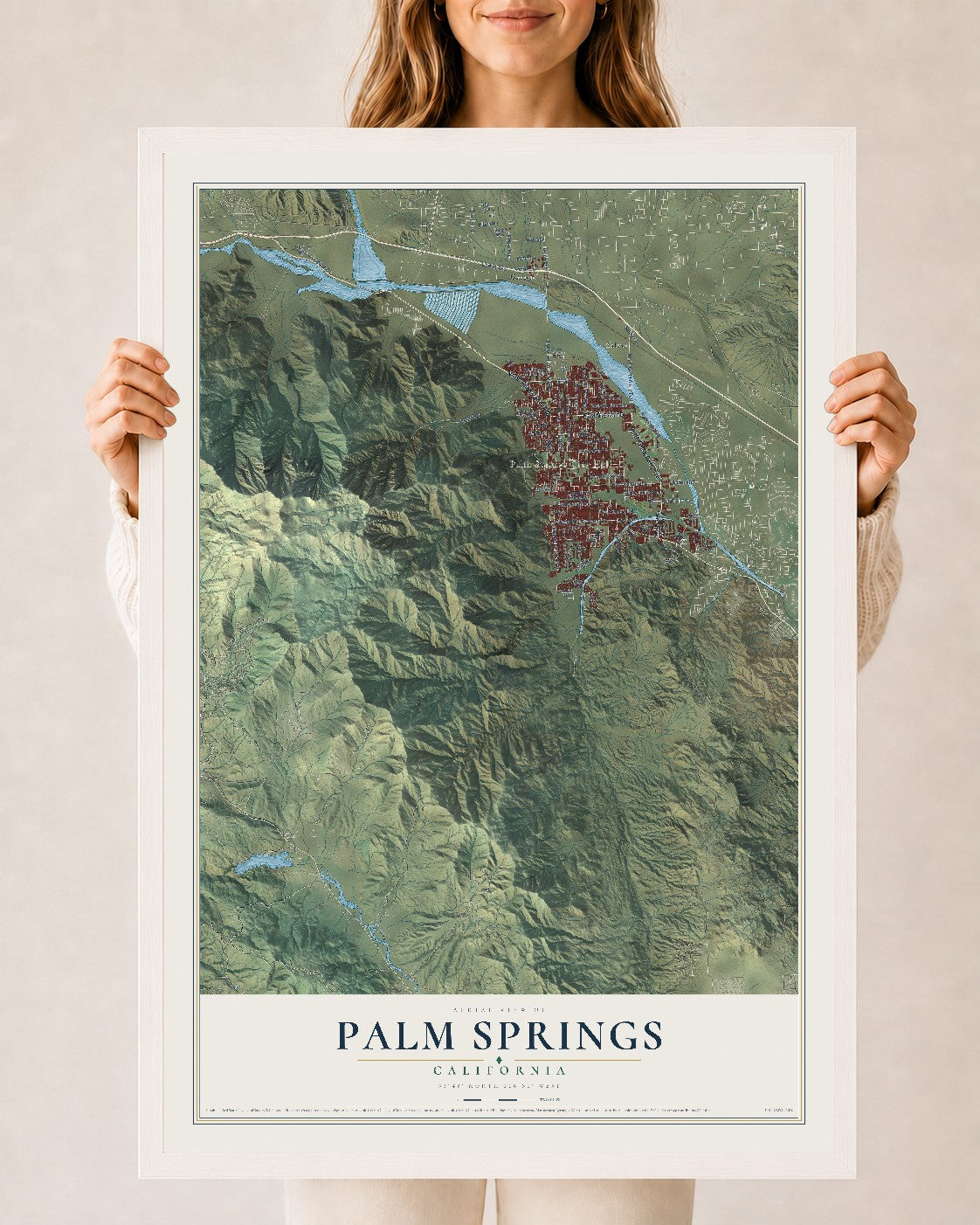 Map of Palm Springs, California, 24 x 36 inch print in a white wood frame