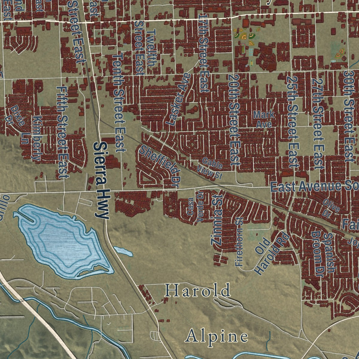 Close-up of the map of Palmdale, California print showing street and building detail