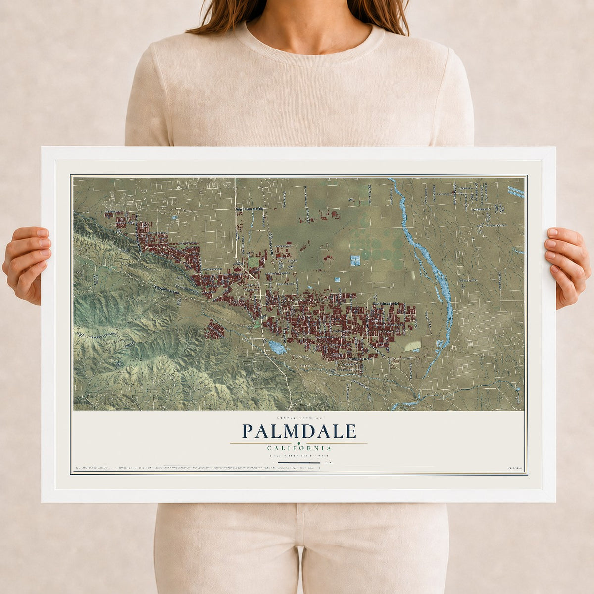 Map of Palmdale, California, 12 x 18 inch print in a white wood frame
