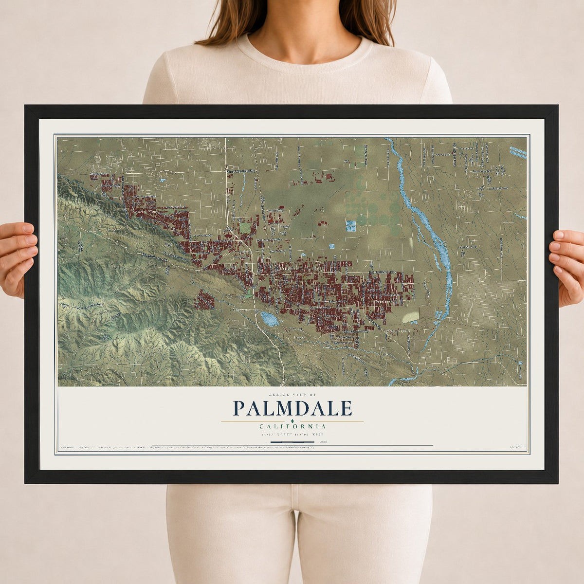 Map of Palmdale, California, 18 x 24 inch print in a black wood frame