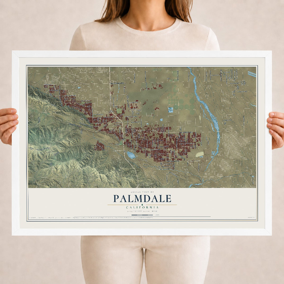 Map of Palmdale, California, 18 x 24 inch print in a white wood frame