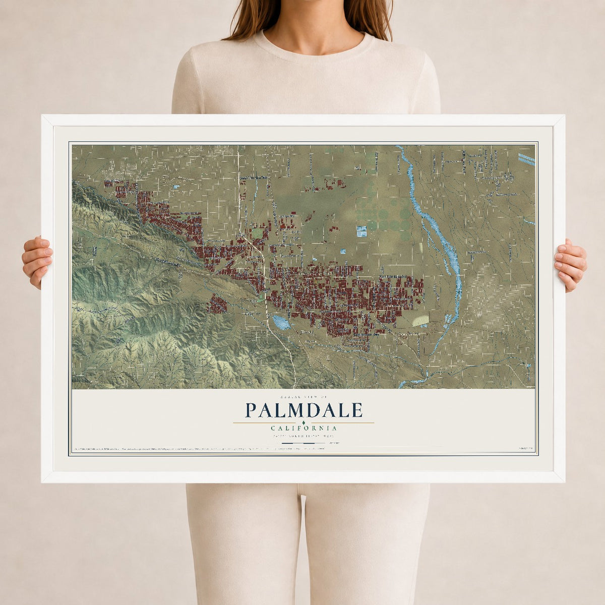 Map of Palmdale, California, 24 x 36 inch print in a white wood frame