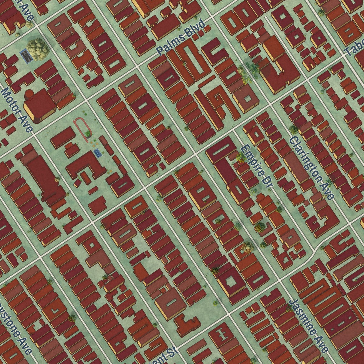 Close-up of the map of Palms, California print showing street and building detail