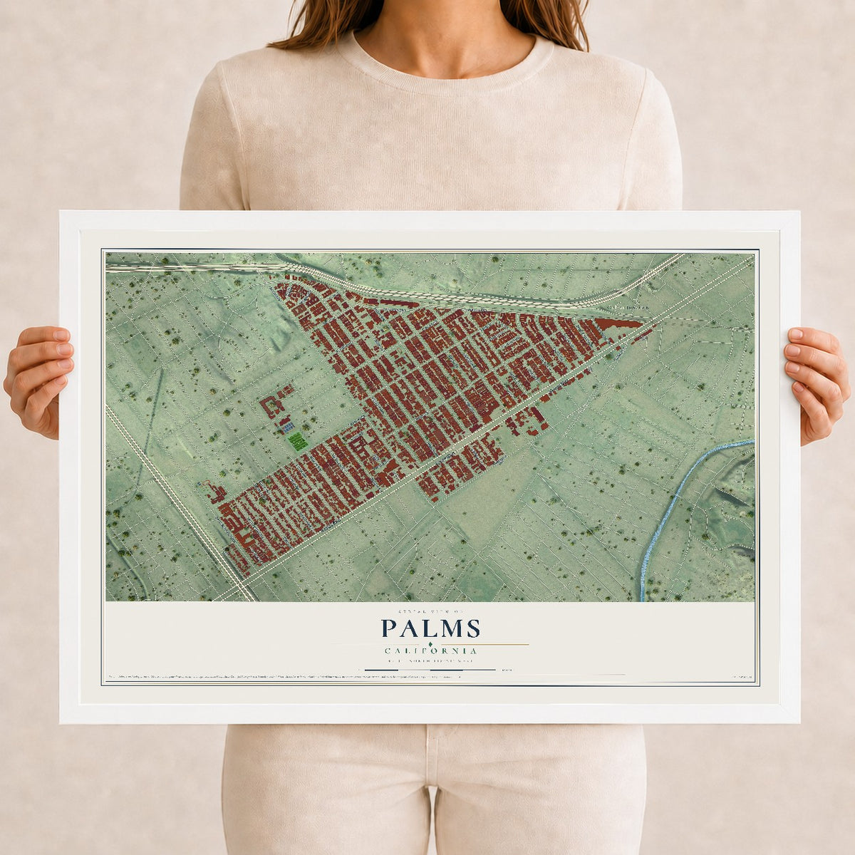 Map of Palms, California, 12 x 18 inch print in a white wood frame