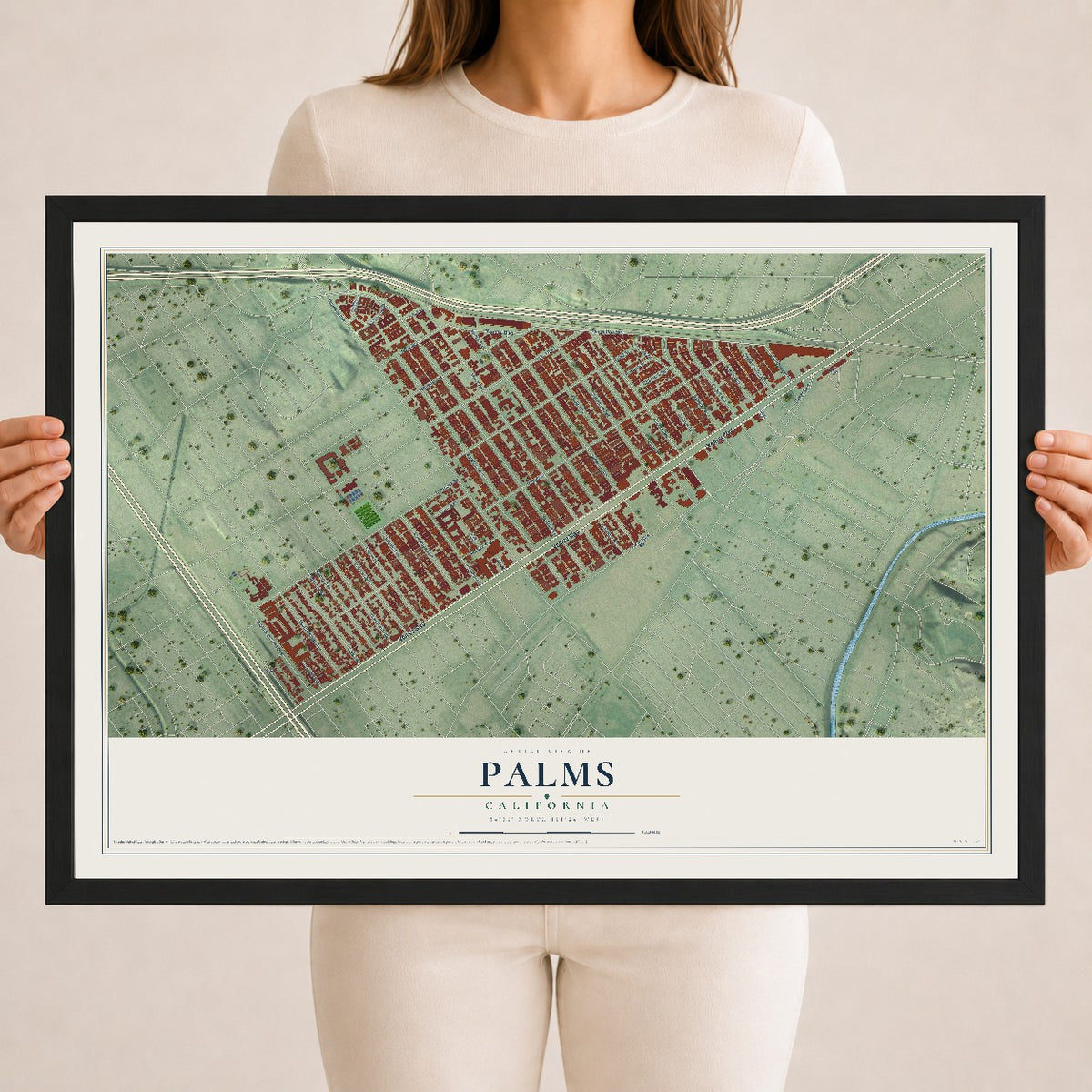 Map of Palms, California, 18 x 24 inch print in a black wood frame