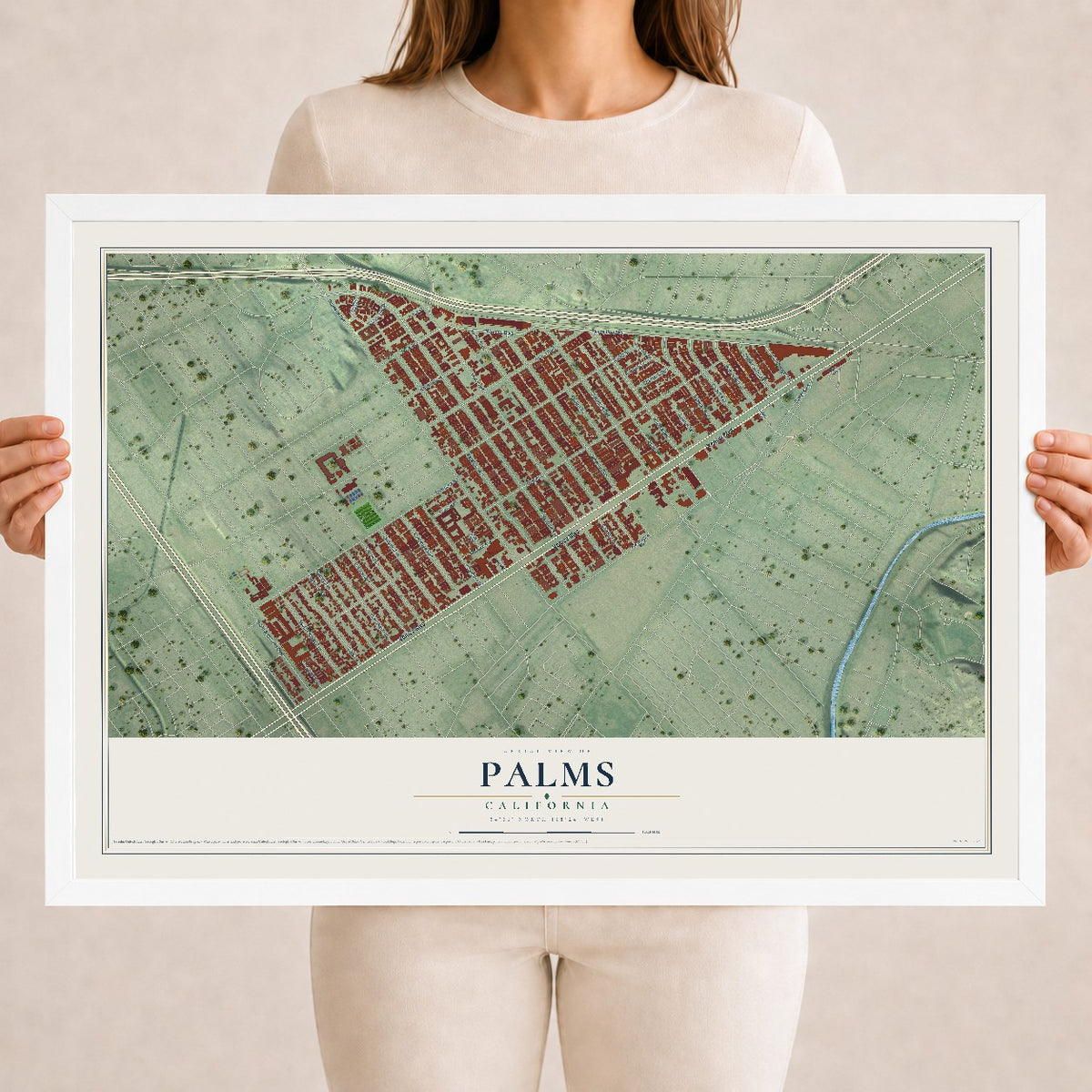 Map of Palms, California, 18 x 24 inch print in a white wood frame