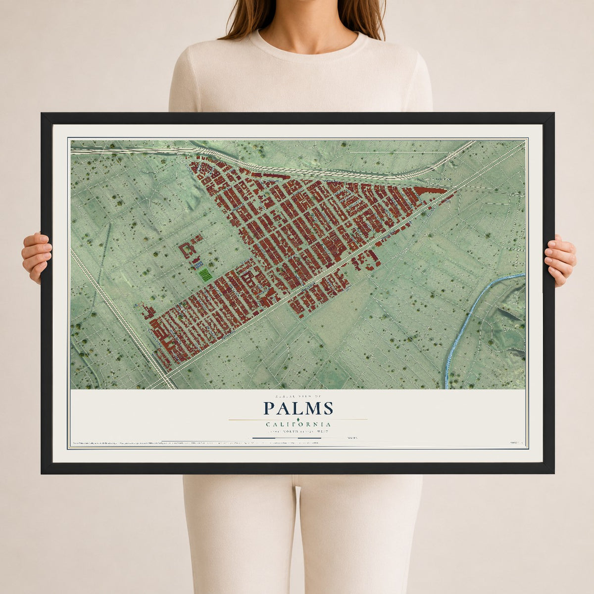 Map of Palms, California, 24 x 36 inch print in a black wood frame