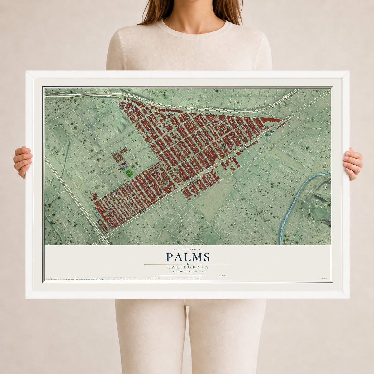 Map of Palms, California, 24 x 36 inch print in a white wood frame