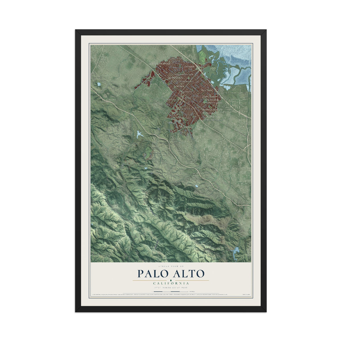 Map of Palo Alto, California, 12 x 18 inch print in a black wood frame