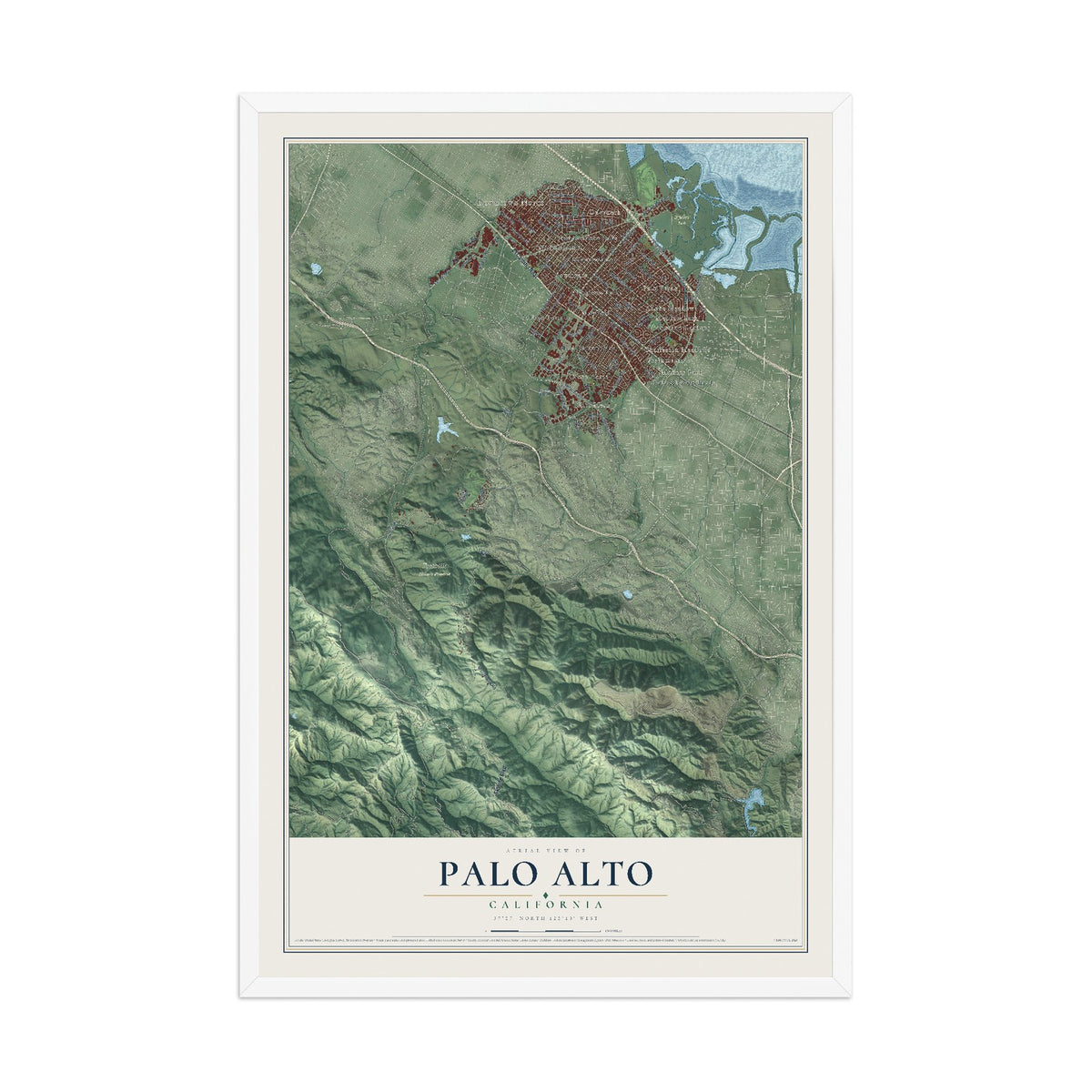 Map of Palo Alto, California, 12 x 18 inch print in a white wood frame