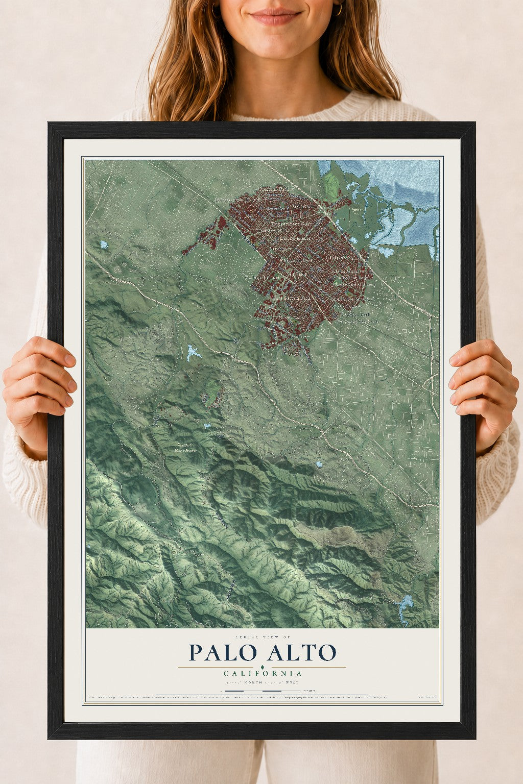 Map of Palo Alto, California, 18 x 24 inch print in a black wood frame