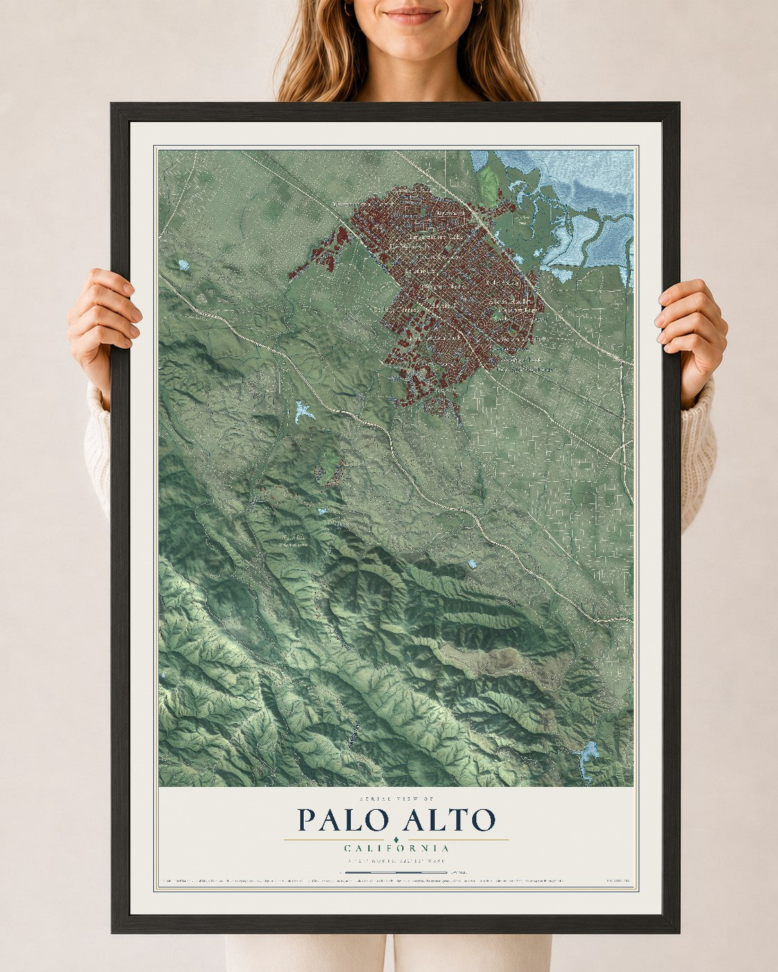 Map of Palo Alto, California, 24 x 36 inch print in a black wood frame