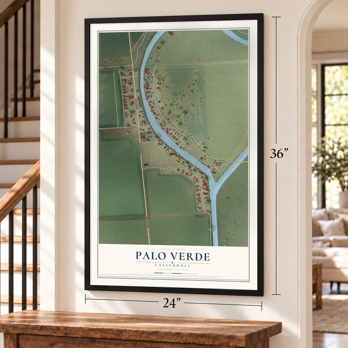 Palo Verde, California map, 24 x 36 inch print in a black frame by a staircase