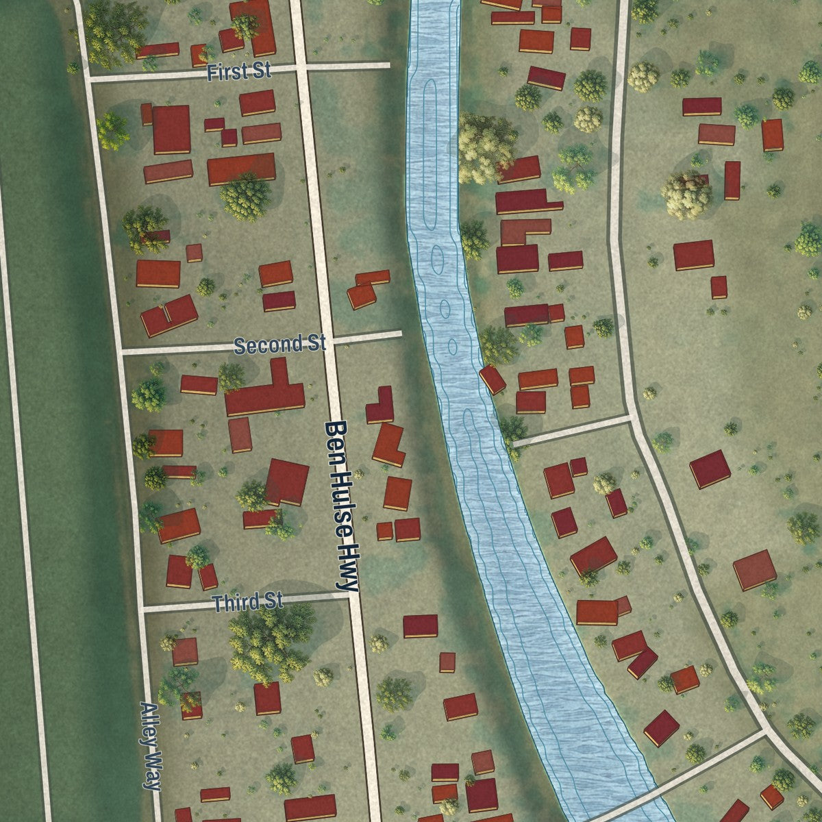 Close-up of the map of Palo Verde, California print showing street and building detail