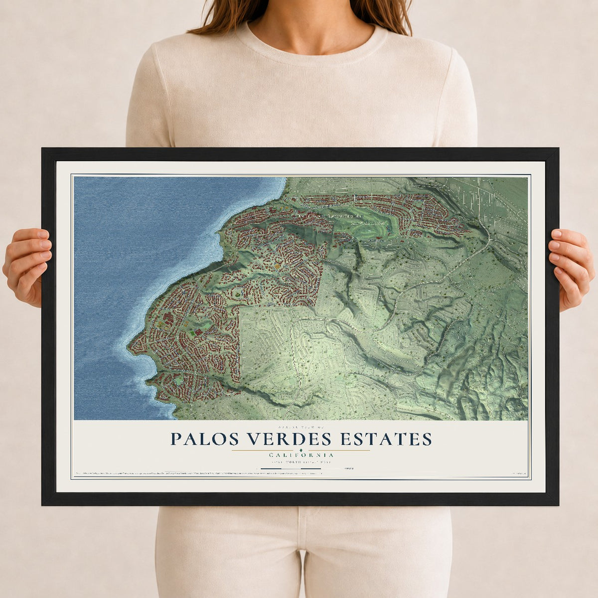 Map of Palos Verdes Estates, California, 12 x 18 inch print in a black wood frame
