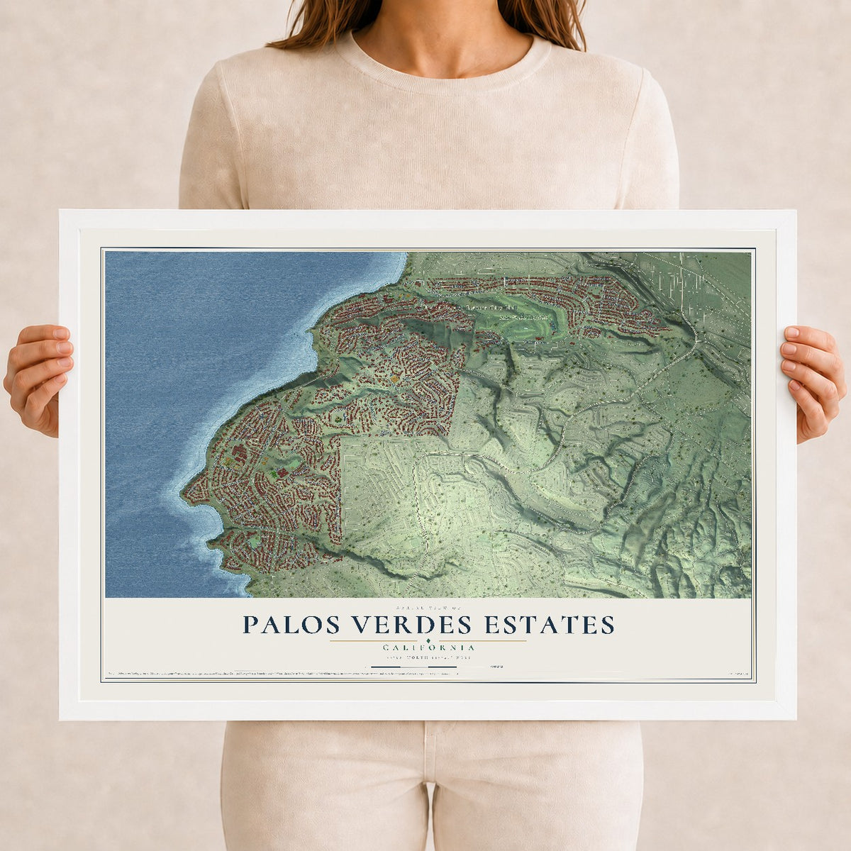 Map of Palos Verdes Estates, California, 12 x 18 inch print in a white wood frame