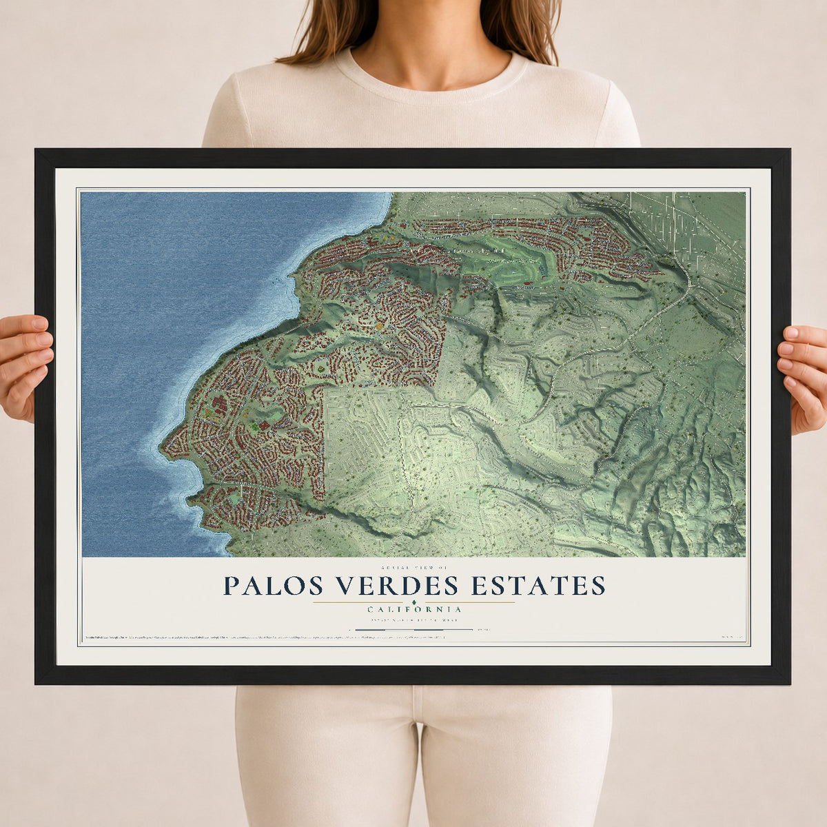 Map of Palos Verdes Estates, California, 18 x 24 inch print in a black wood frame