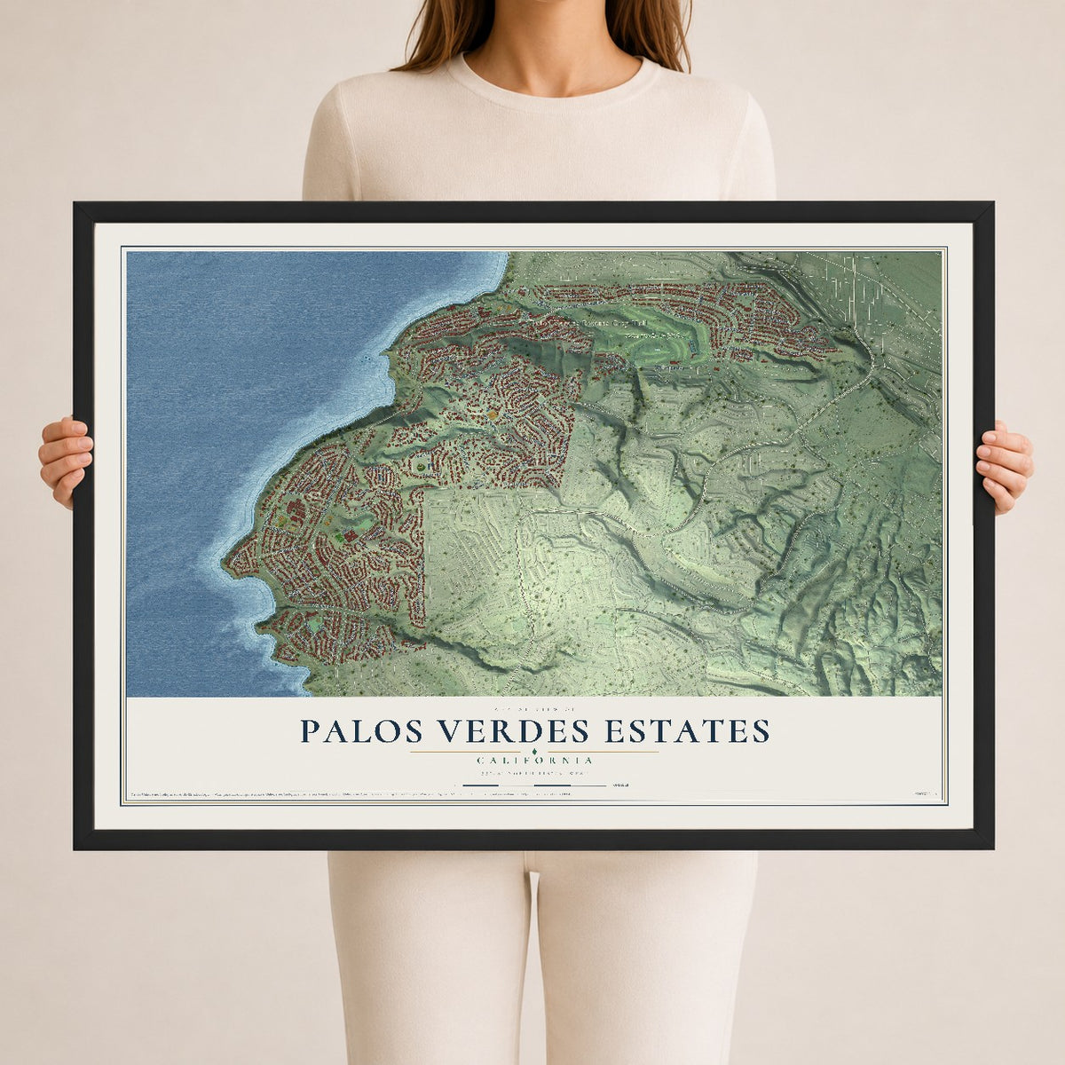 Map of Palos Verdes Estates, California, 24 x 36 inch print in a black wood frame
