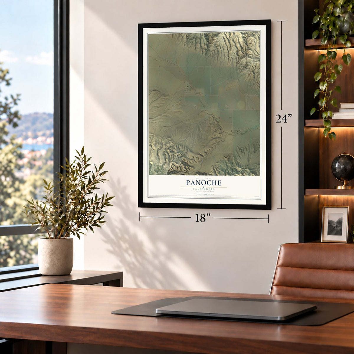 Panoche, California map, 18 x 24 inch print in a black frame in a home office