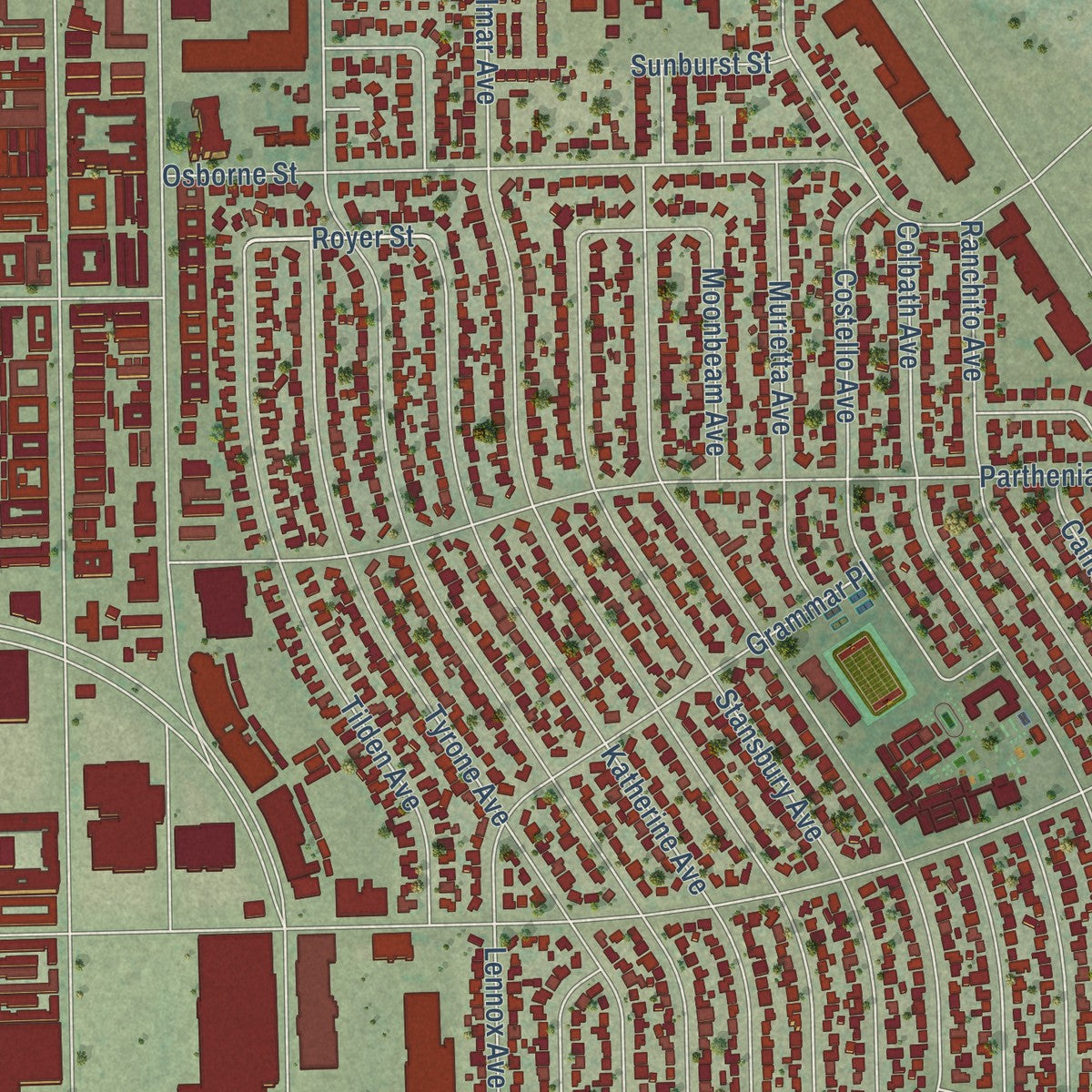 Close-up of the map of Panorama City, California print showing street and building detail
