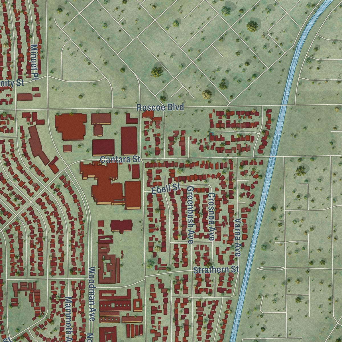 Second close-up of the map of Panorama City, California print showing more streets and buildings