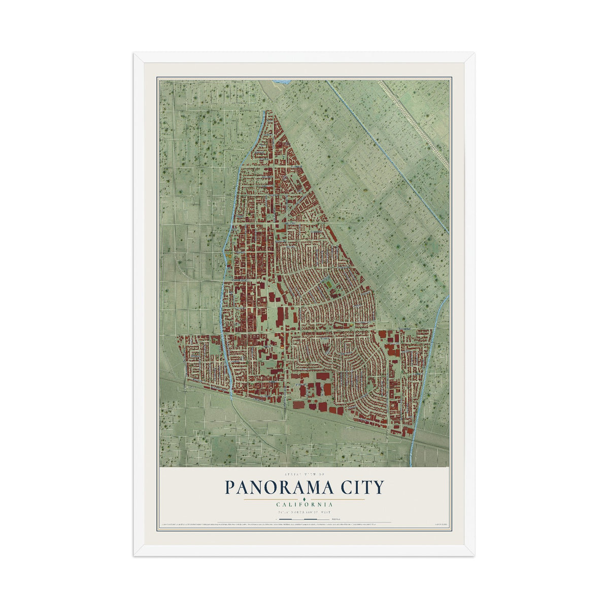 Map of Panorama City, California, 12 x 18 inch print in a white wood frame