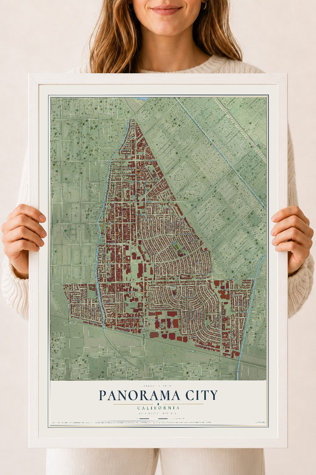 Map of Panorama City, California, 18 x 24 inch print in a white wood frame