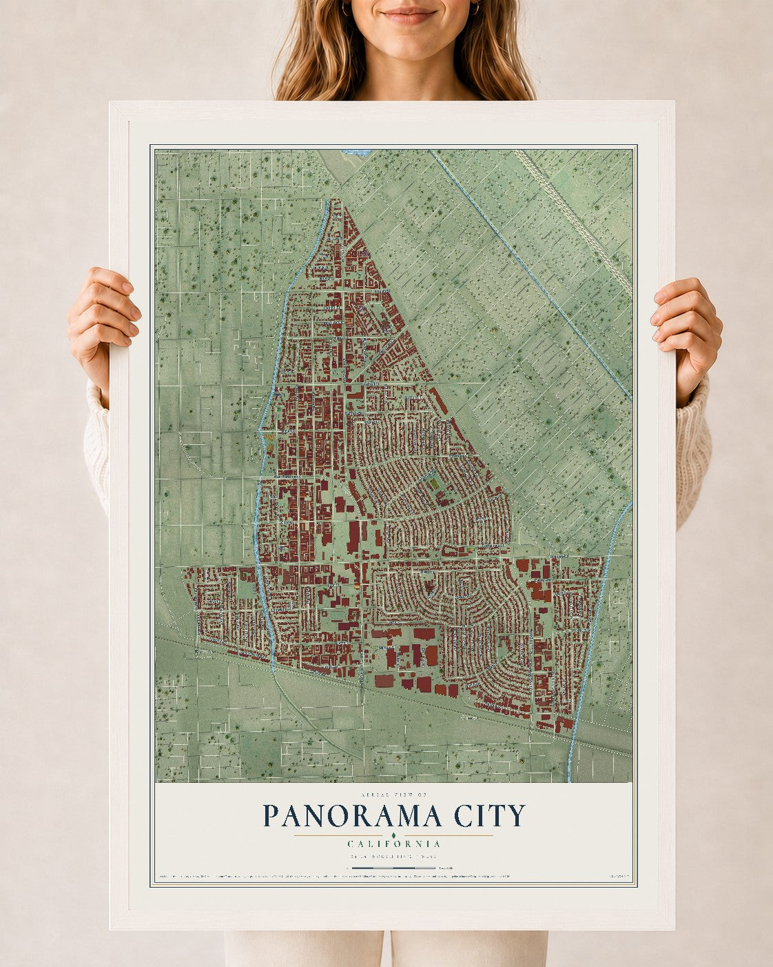 Map of Panorama City, California, 24 x 36 inch print in a white wood frame