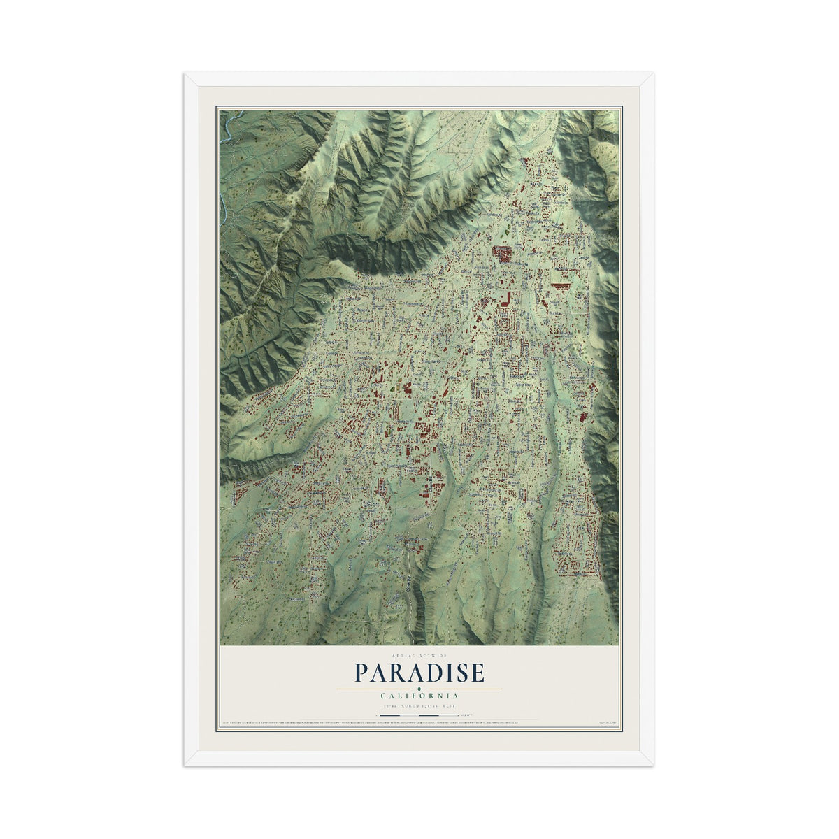 Map of Paradise, California, 12 x 18 inch print in a white wood frame