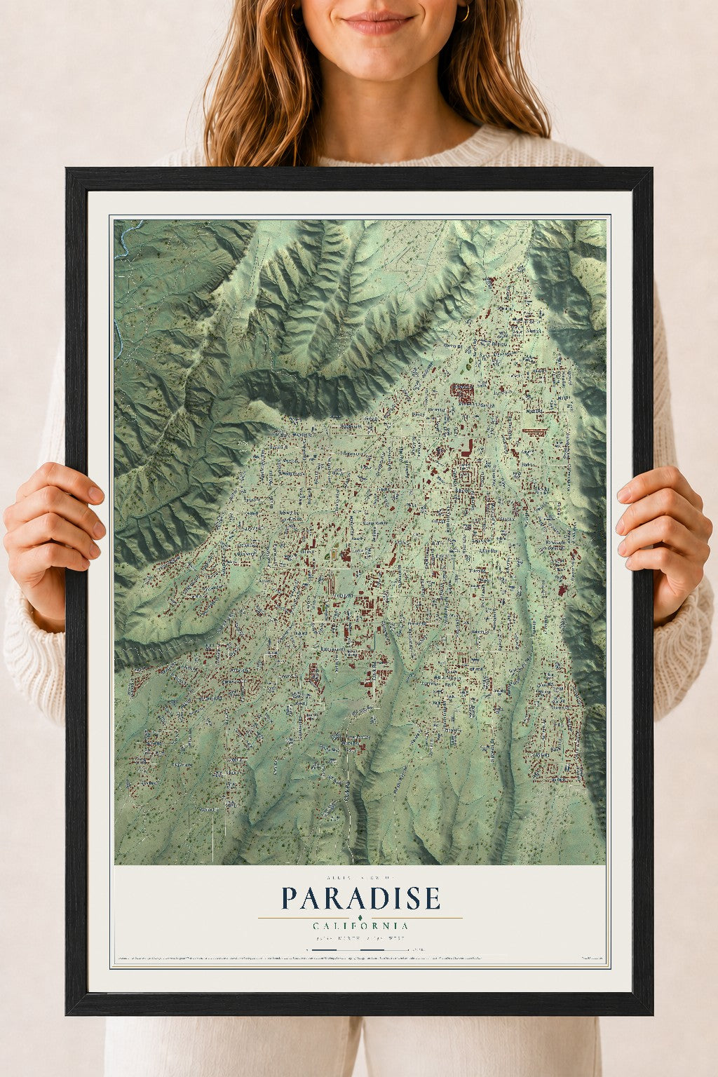 Map of Paradise, California, 18 x 24 inch print in a black wood frame