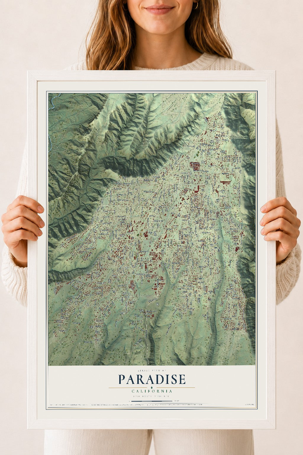 Map of Paradise, California, 18 x 24 inch print in a white wood frame