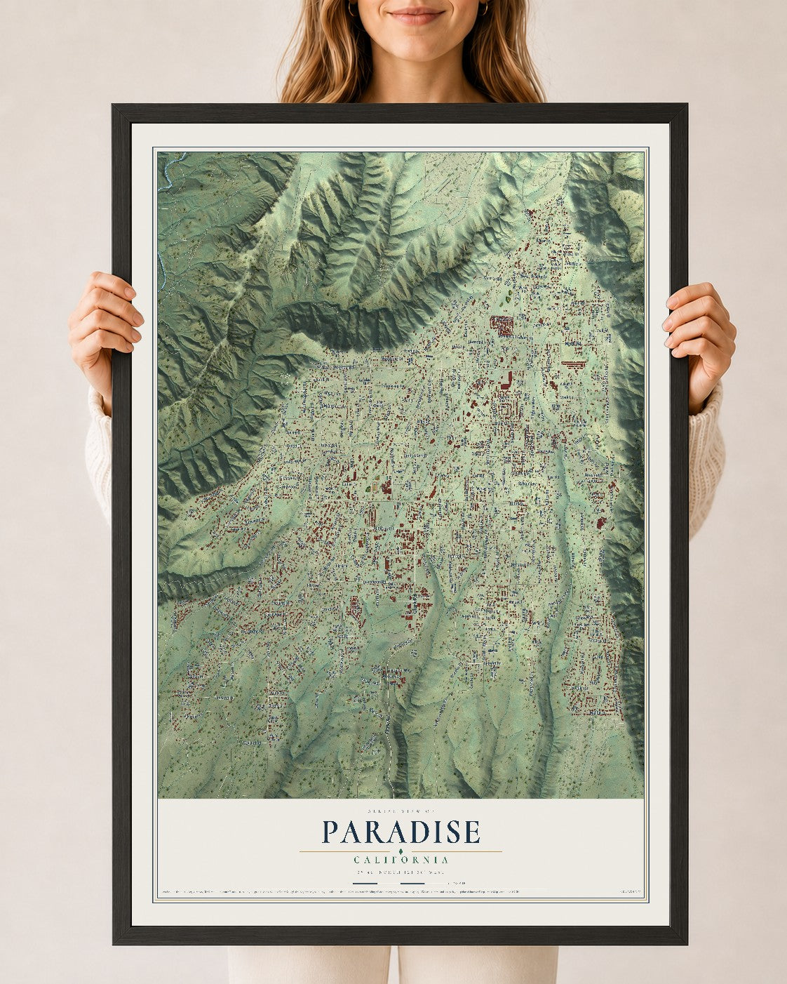 Map of Paradise, California, 24 x 36 inch print in a black wood frame