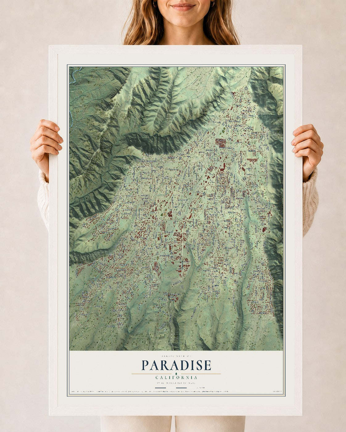 Map of Paradise, California, 24 x 36 inch print in a white wood frame