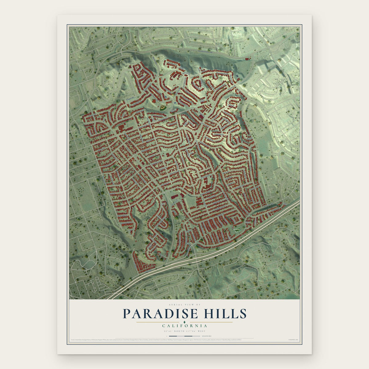 Paradise Hills, California map print, the full design