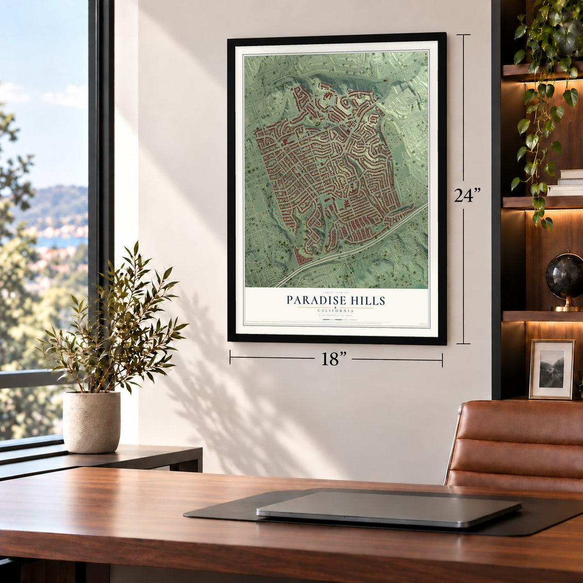 Paradise Hills, California map, 18 x 24 inch print in a black frame in a home office