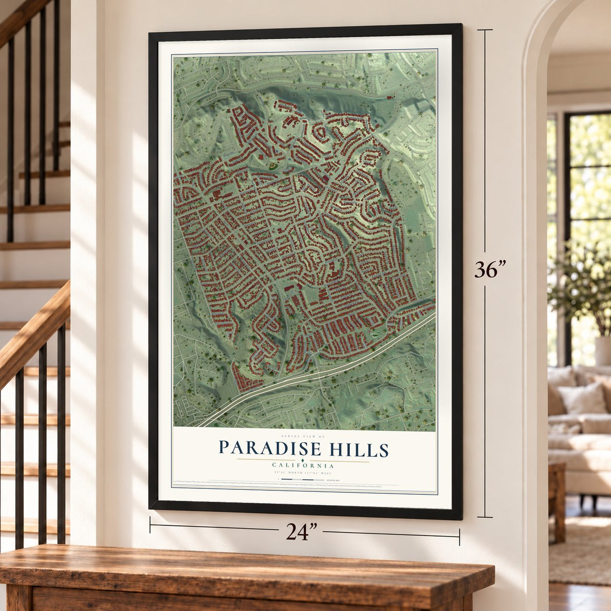 Paradise Hills, California map, 24 x 36 inch print in a black frame by a staircase