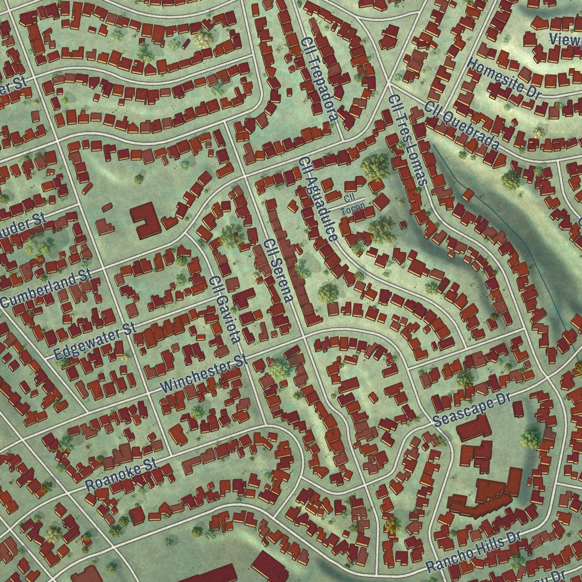 Close-up of the map of Paradise Hills, California print showing street and building detail
