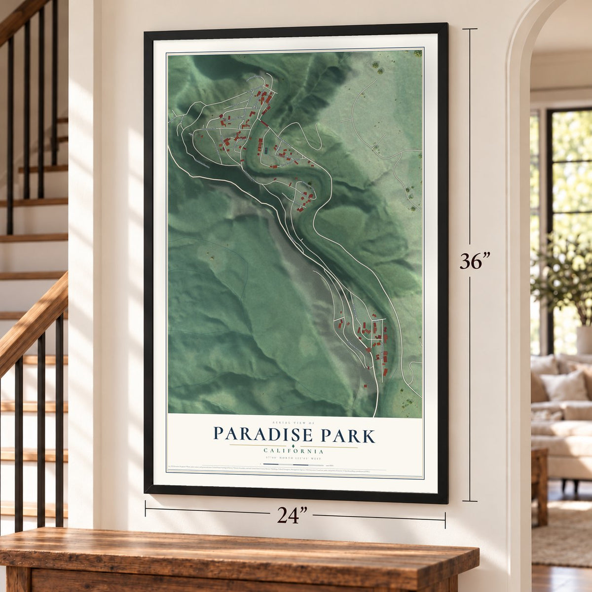 Paradise Park, California map, 24 x 36 inch print in a black frame by a staircase